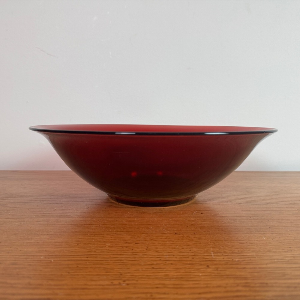 Vintage Ruby Red Glass Bowl Starburst Bottom Mid Century Modern Serving Fruit
